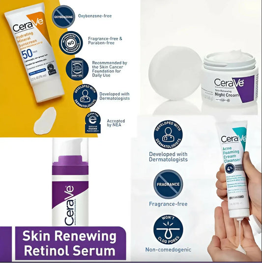 Cerave 4 In 1 Skincare Kit Night Cream, Sunblock, Cleanser & Serum, for Radiant Skin - FaceValue